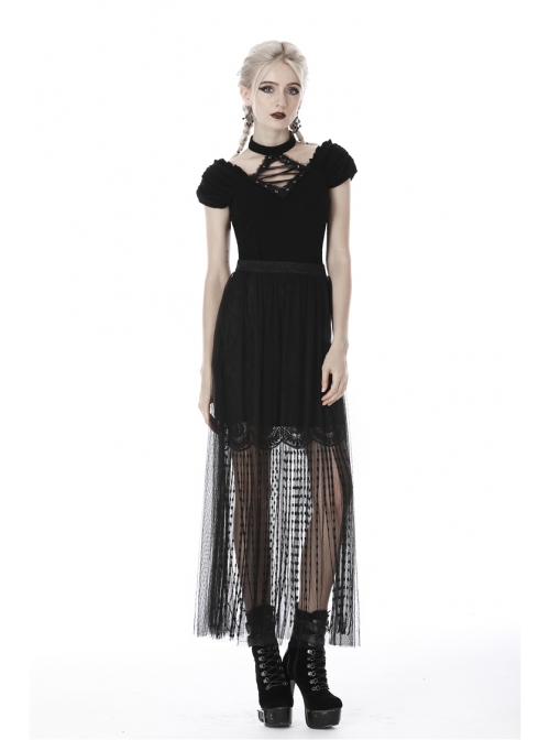 V-Neck Front Chest Metal Eyelets Lace-Up Short Sleeve Black Punk Halter T-Shirt