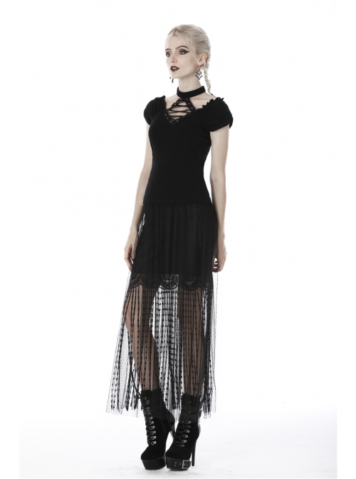 V-Neck Front Chest Metal Eyelets Lace-Up Short Sleeve Black Punk Halter T-Shirt