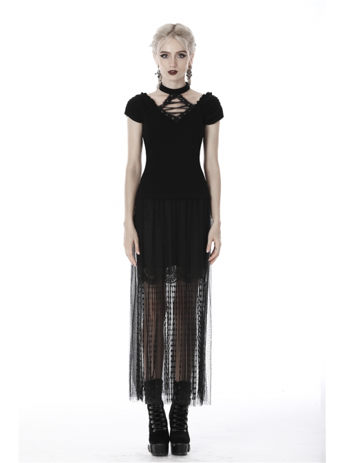 V-Neck Front Chest Metal Eyelets Lace-Up Short Sleeve Black Punk Halter T-Shirt
