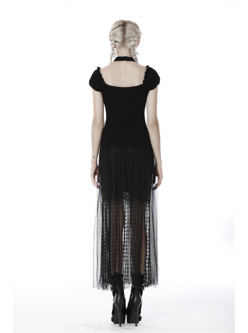 V-Neck Front Chest Metal Eyelets Lace-Up Short Sleeve Black Punk Halter T-Shirt