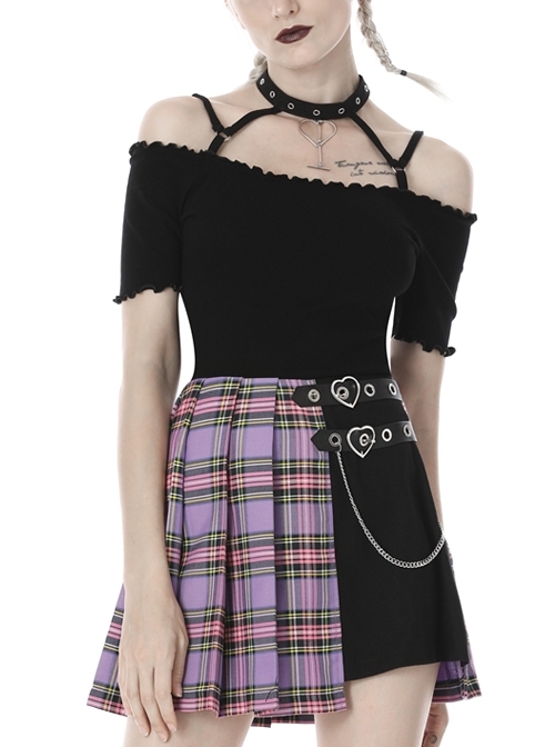 Black Punk One-Word Shoulder Metal Ring Strap Short Sleeve T-Shirt