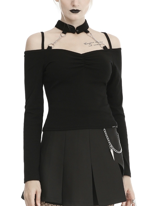 One-Word Shoulder Metal Chain Halter Long Sleeve Black Punk Tight Sling T-Shirt