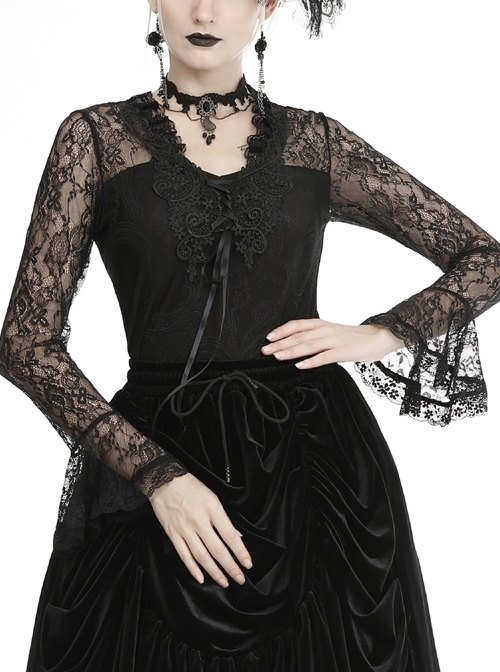 Front Chest Decals Lace-Up Lace Long Sleeve Flare Cuff Black Gothic T-Shirt