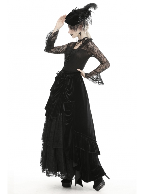Front Chest Decals Lace-Up Lace Long Sleeve Flare Cuff Black Gothic T-Shirt
