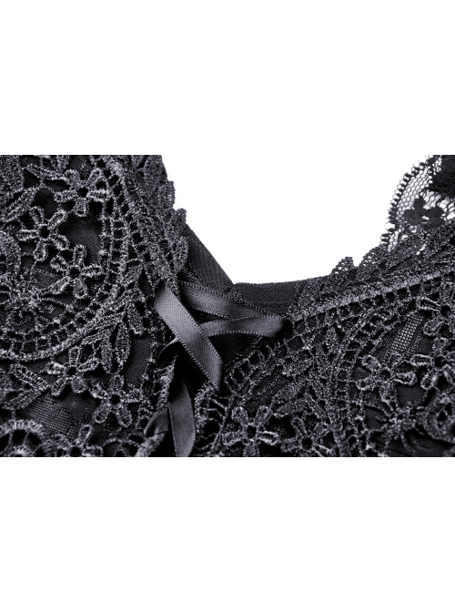 Front Chest Decals Lace-Up Lace Long Sleeve Flare Cuff Black Gothic T-Shirt