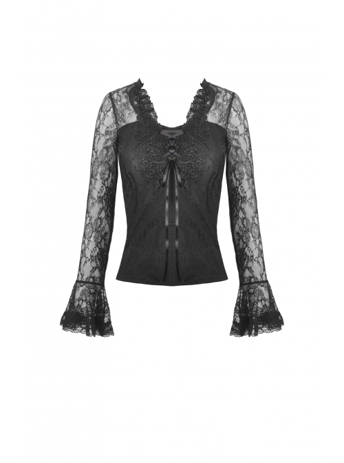 Front Chest Decals Lace-Up Lace Long Sleeve Flare Cuff Black Gothic T-Shirt