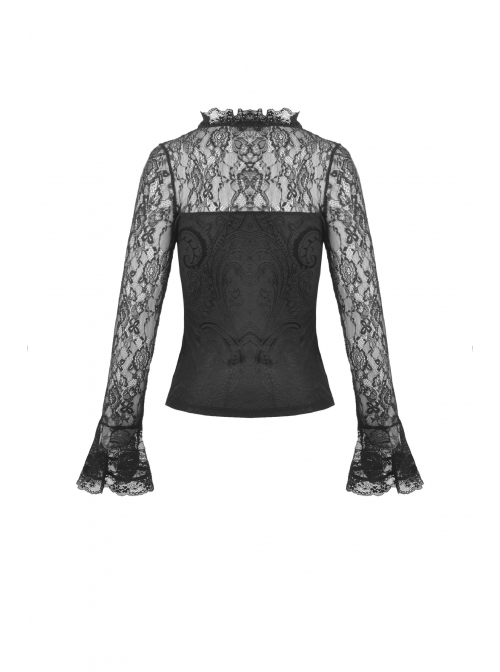 Front Chest Decals Lace-Up Lace Long Sleeve Flare Cuff Black Gothic T-Shirt