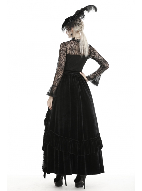 Front Chest Decals Lace-Up Lace Long Sleeve Flare Cuff Black Gothic T-Shirt