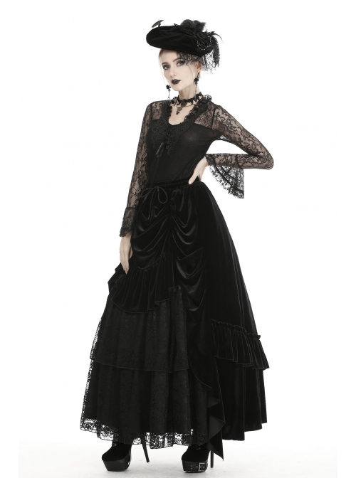 Front Chest Decals Lace-Up Lace Long Sleeve Flare Cuff Black Gothic T-Shirt