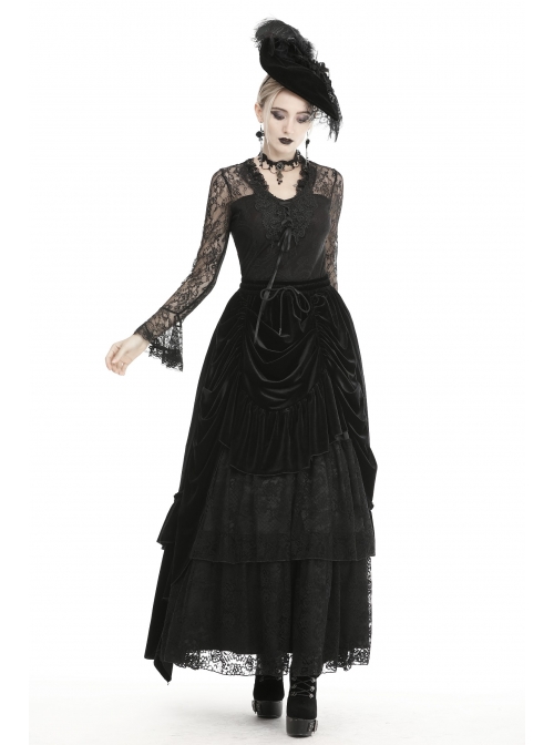 Front Chest Decals Lace-Up Lace Long Sleeve Flare Cuff Black Gothic T-Shirt