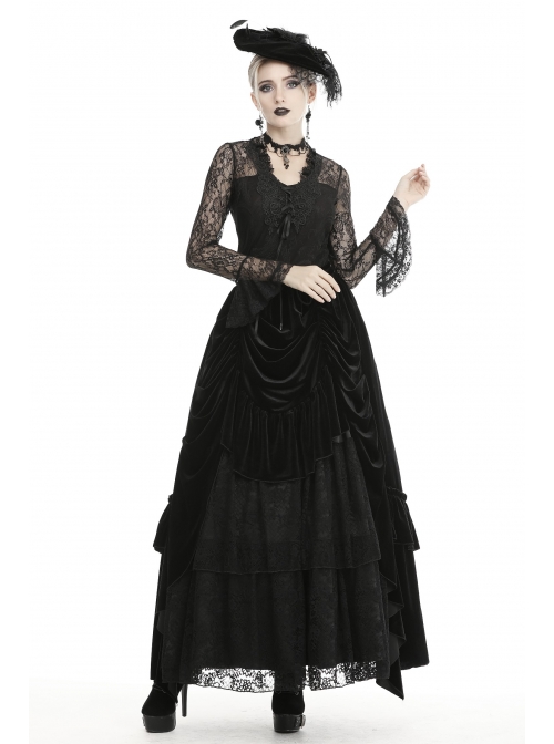 Front Chest Decals Lace-Up Lace Long Sleeve Flare Cuff Black Gothic T-Shirt