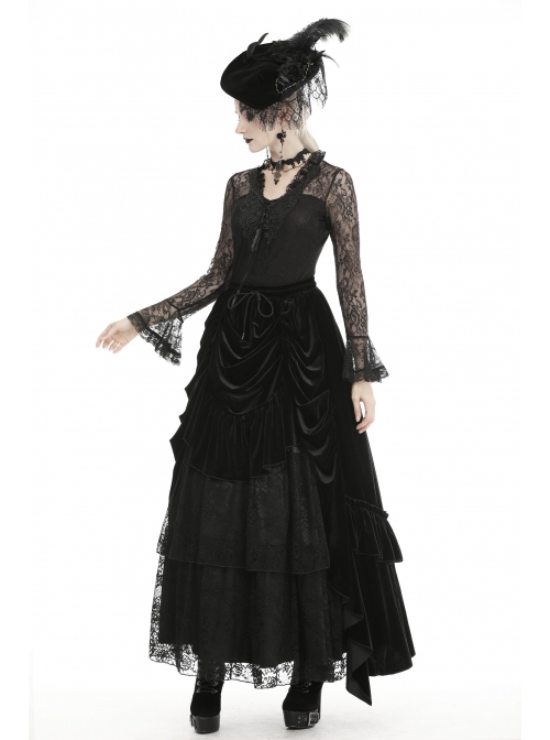 Front Chest Decals Lace-Up Lace Long Sleeve Flare Cuff Black Gothic T-Shirt