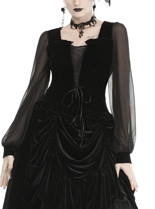 Black Deep V-Neck Lace-Up Chiffon Lantern Sleeve Gothic Velvet T-Shirt