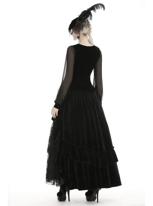 Black Deep V-Neck Lace-Up Chiffon Lantern Sleeve Gothic Velvet T-Shirt