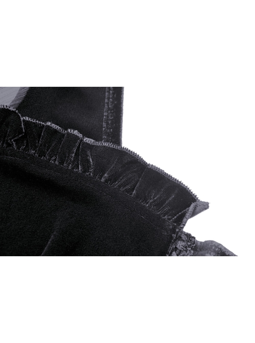 Black Deep V-Neck Lace-Up Chiffon Lantern Sleeve Gothic Velvet T-Shirt