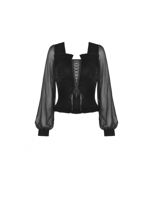 Black Deep V-Neck Lace-Up Chiffon Lantern Sleeve Gothic Velvet T-Shirt