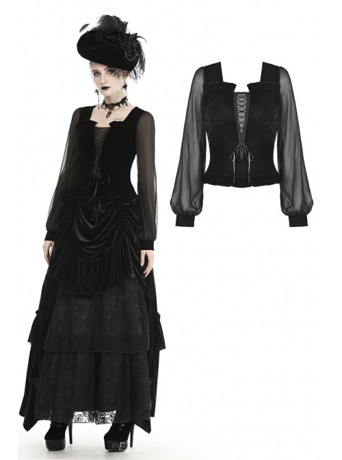 Black Deep V-Neck Lace-Up Chiffon Lantern Sleeve Gothic Velvet T-Shirt