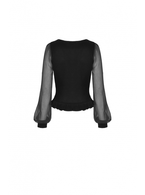 Black Deep V-Neck Lace-Up Chiffon Lantern Sleeve Gothic Velvet T-Shirt