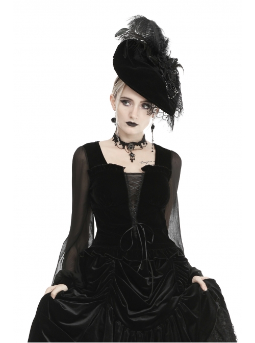 Black Deep V-Neck Lace-Up Chiffon Lantern Sleeve Gothic Velvet T-Shirt