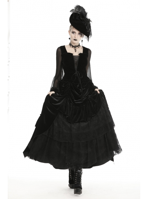 Black Deep V-Neck Lace-Up Chiffon Lantern Sleeve Gothic Velvet T-Shirt