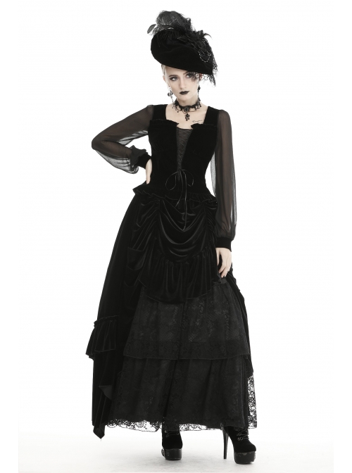 Black Deep V-Neck Lace-Up Chiffon Lantern Sleeve Gothic Velvet T-Shirt