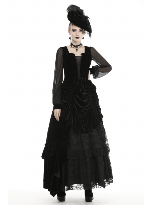 Black Deep V-Neck Lace-Up Chiffon Lantern Sleeve Gothic Velvet T-Shirt