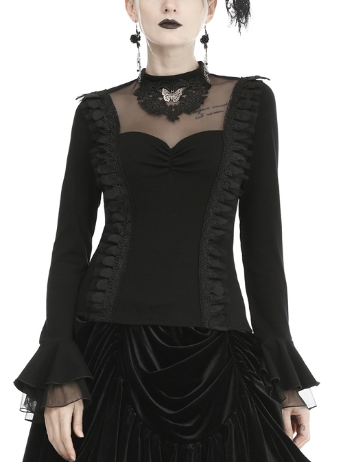 Front Chest Splice Mesh Decals Long Sleeve Lace Cuff Black Gothic Blouse