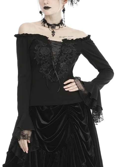 Black Off-Shoulder Front Chest Decals Lace-Up Lace Flare Cuff Gothic Blouse