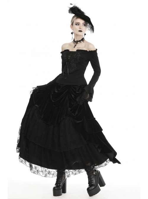 Black Off-Shoulder Front Chest Decals Lace-Up Lace Flare Cuff Gothic Blouse