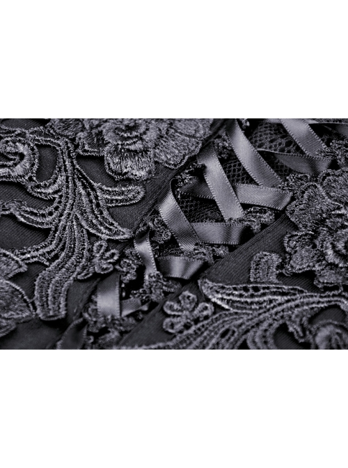 Black Off-Shoulder Front Chest Decals Lace-Up Lace Flare Cuff Gothic Blouse