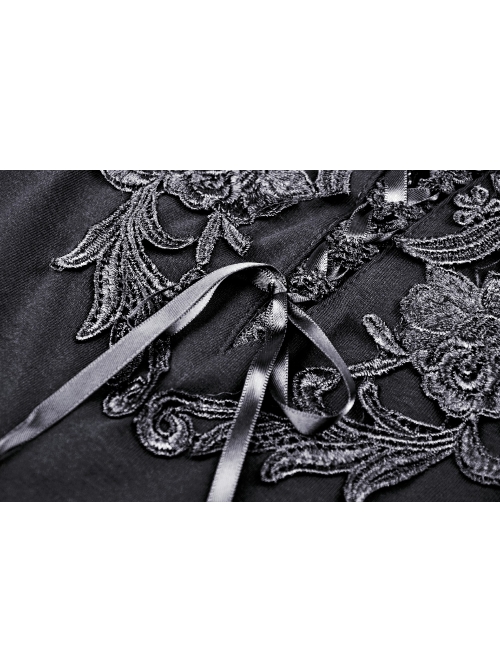 Black Off-Shoulder Front Chest Decals Lace-Up Lace Flare Cuff Gothic Blouse