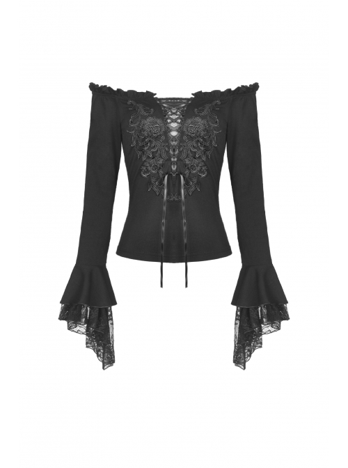 Black Off-Shoulder Front Chest Decals Lace-Up Lace Flare Cuff Gothic Blouse