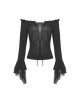 Black Off-Shoulder Front Chest Decals Lace-Up Lace Flare Cuff Gothic Blouse