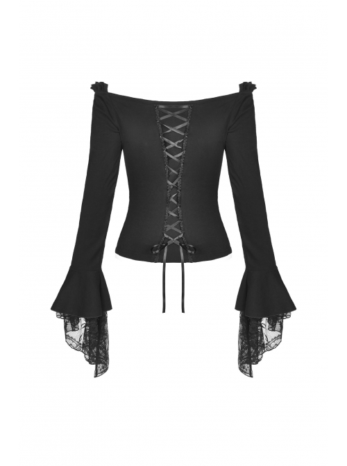 Black Off-Shoulder Front Chest Decals Lace-Up Lace Flare Cuff Gothic Blouse