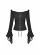Black Off-Shoulder Front Chest Decals Lace-Up Lace Flare Cuff Gothic Blouse