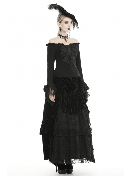Black Off-Shoulder Front Chest Decals Lace-Up Lace Flare Cuff Gothic Blouse