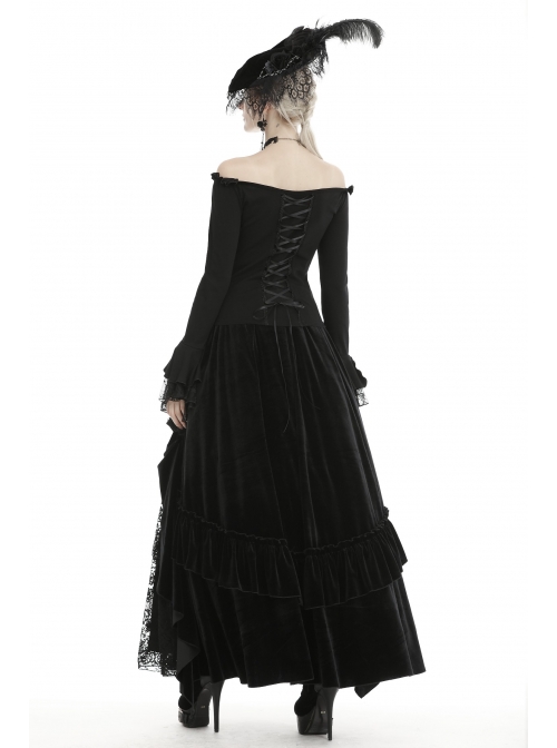 Black Off-Shoulder Front Chest Decals Lace-Up Lace Flare Cuff Gothic Blouse