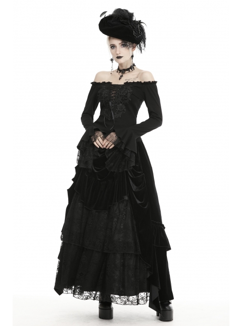 Black Off-Shoulder Front Chest Decals Lace-Up Lace Flare Cuff Gothic Blouse
