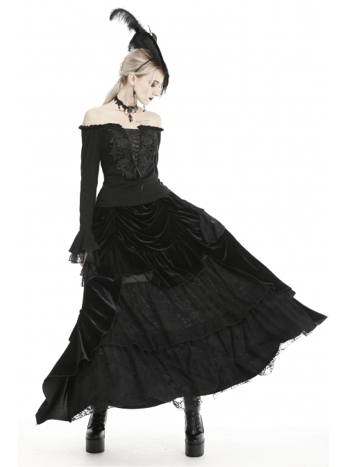 Black Off-Shoulder Front Chest Decals Lace-Up Lace Flare Cuff Gothic Blouse