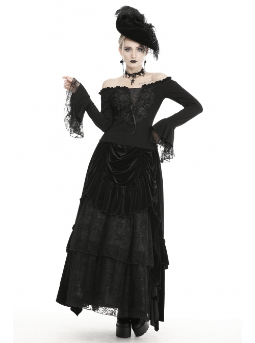 Black Off-Shoulder Front Chest Decals Lace-Up Lace Flare Cuff Gothic Blouse