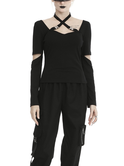 Black Punk Slit Long Sleeve Hasp Halter Tight T-Shirt