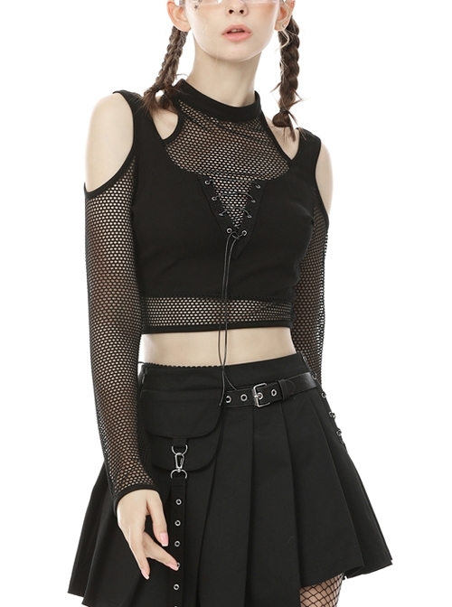 Off-Shoulder Splice Mesh Front Chest Lace-Up Long Sleeve Black Punk Short T-Shirt