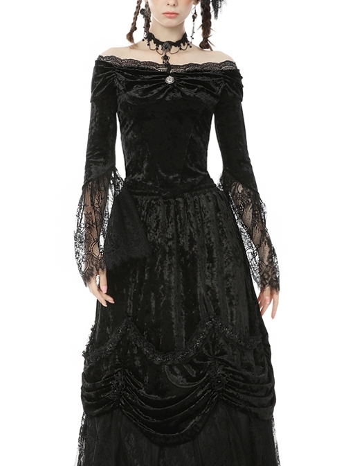 One-Word Collar Front Chest Frill Pendant Decoration Big Lace Cuff Black Gothic Velvet Blouse