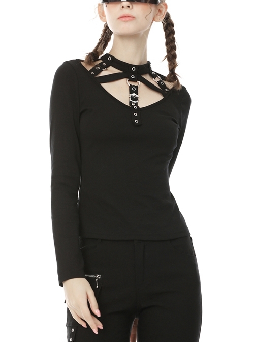 Front Chest Metal Eyelets Bandage Long Sleeve Black Punk Tight T-Shirt