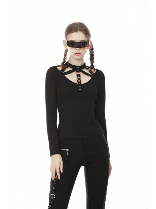 Front Chest Metal Eyelets Bandage Long Sleeve Black Punk Tight T-Shirt