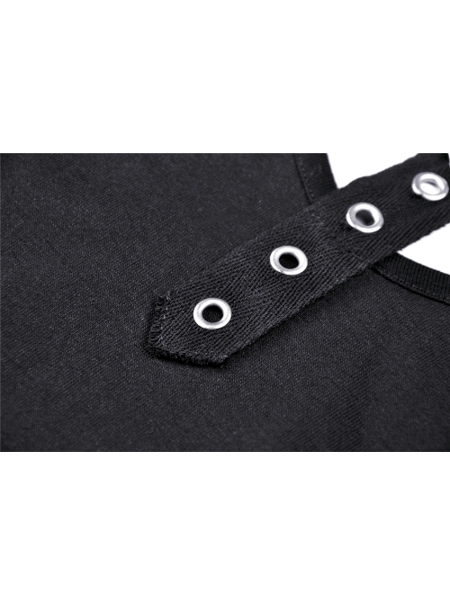 Front Chest Metal Eyelets Bandage Long Sleeve Black Punk Tight T-Shirt