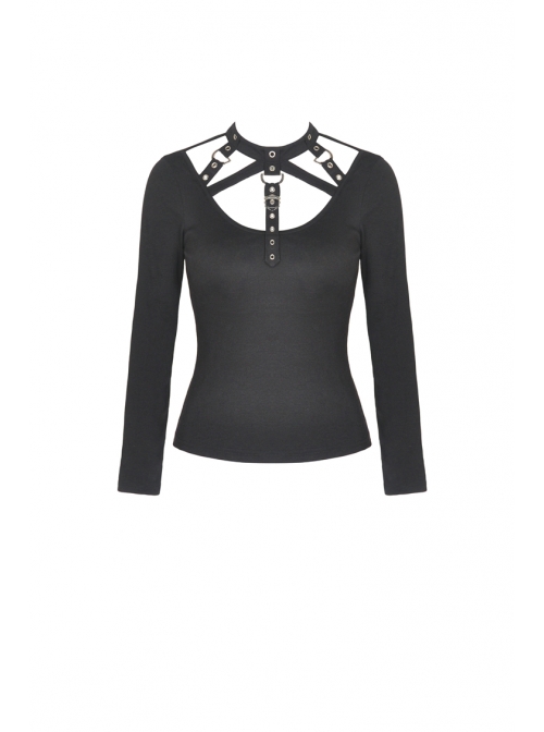 Front Chest Metal Eyelets Bandage Long Sleeve Black Punk Tight T-Shirt