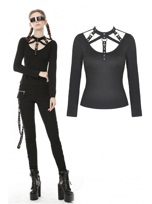 Front Chest Metal Eyelets Bandage Long Sleeve Black Punk Tight T-Shirt