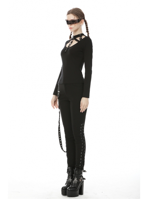 Front Chest Metal Eyelets Bandage Long Sleeve Black Punk Tight T-Shirt