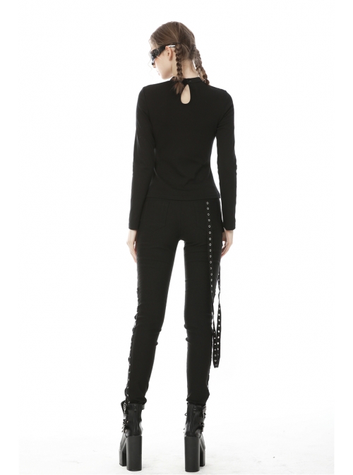 Front Chest Metal Eyelets Bandage Long Sleeve Black Punk Tight T-Shirt